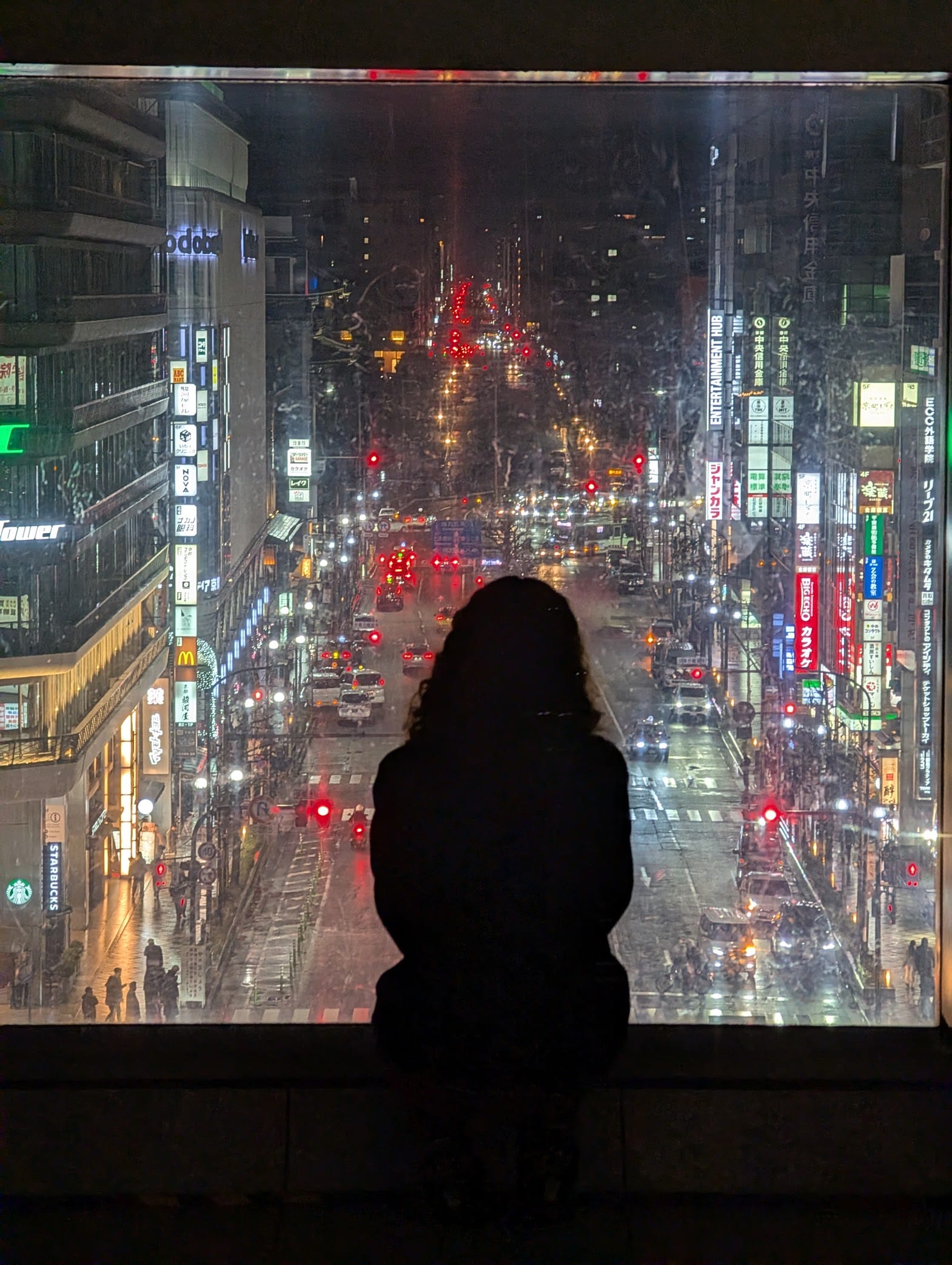 Lily's silhouette against a busy Kyoto street below