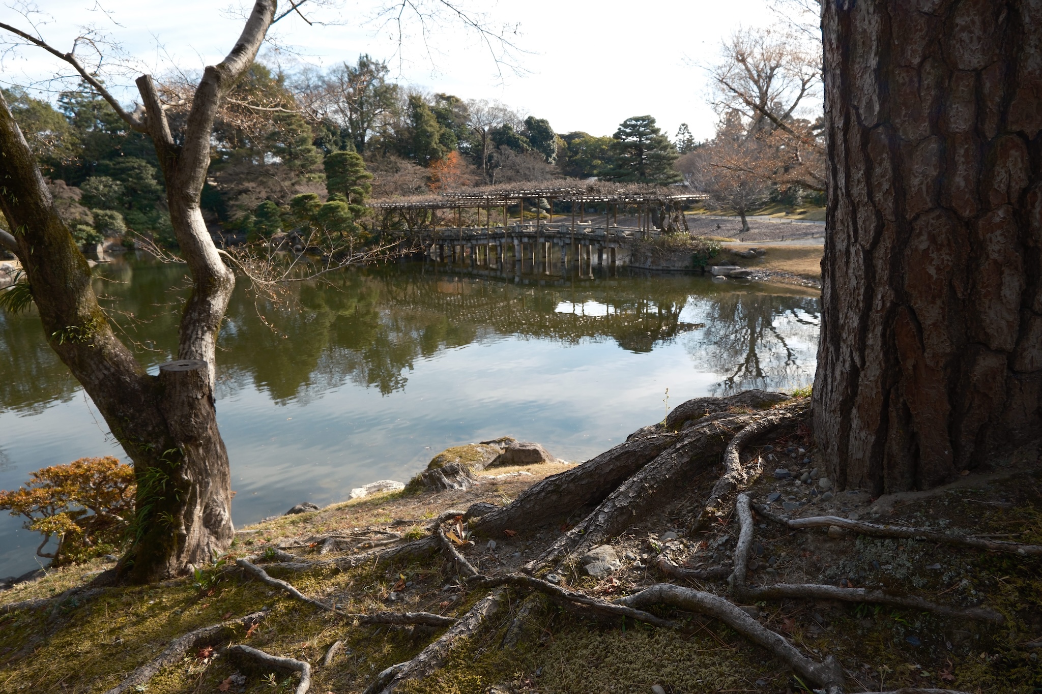 A stone bridge with a wooden roof in the middle of a large pond