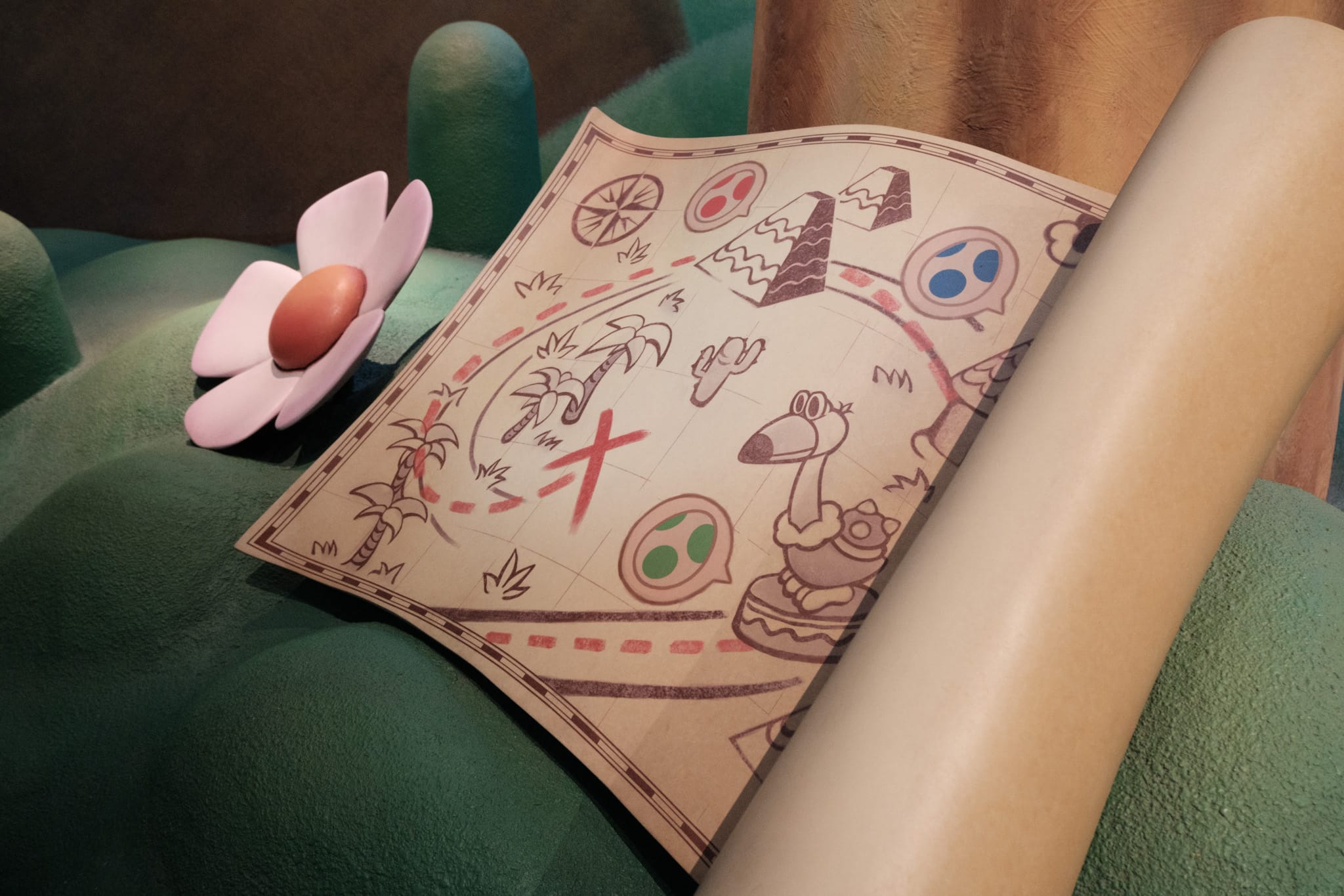 A Yoshi's Island themed map in the waiting area for the ride